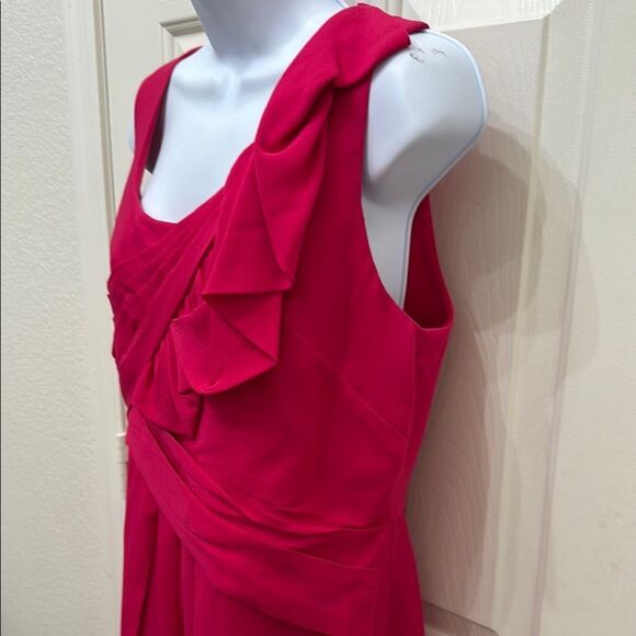 BCBGMaxAzria Fuchsia Pink Red Slimming Ruched Midi Dress Sz 12 Scoop Neck Pleat - Picture 4 of 11